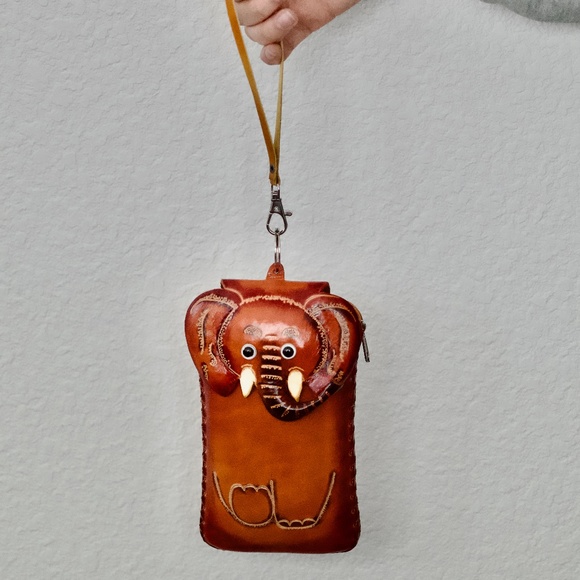 Hand Crafted Carved Leather Elephant Phone Wristlet Wallet with Strap NWOT - Picture 2 of 7